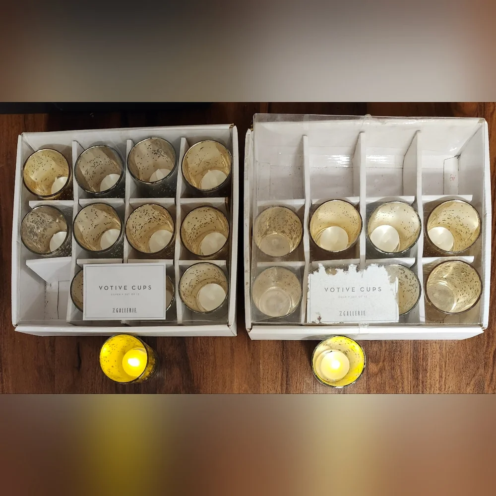 Z Gallerie 2 Pks of 12 Votive Cup Sets- 1 Silver & NIB, 1 Gold W 9 Votive Cups